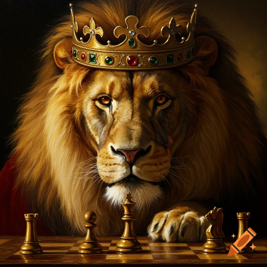 A realistic oil painting of a majestic lion wearing a golden crown, looking intently at a chess board with golden chess pieces.