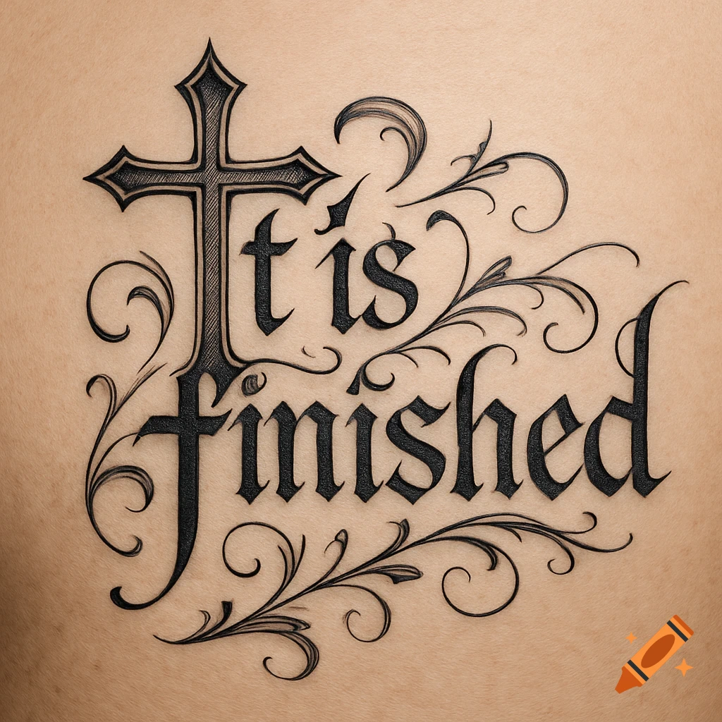A black gothic tattoo on skin reads 'It is finished', with the 't' formed by an ornate cross and surrounded by elegant swirls.