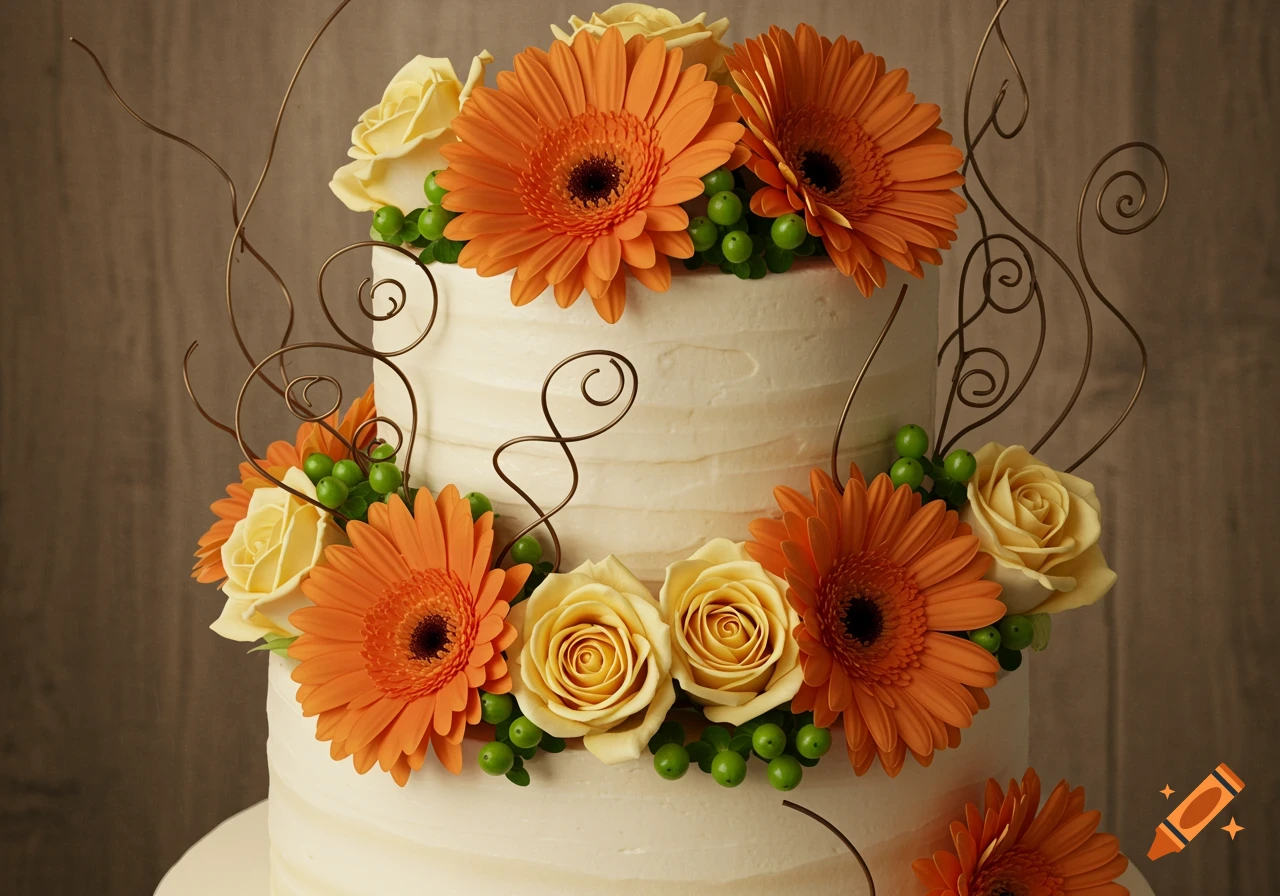 A two-tiered white wedding cake decorated with orange gerbera daisies, yellow roses, green hypericum berries, and curly brown wire branches, set against a blurred wooden background.