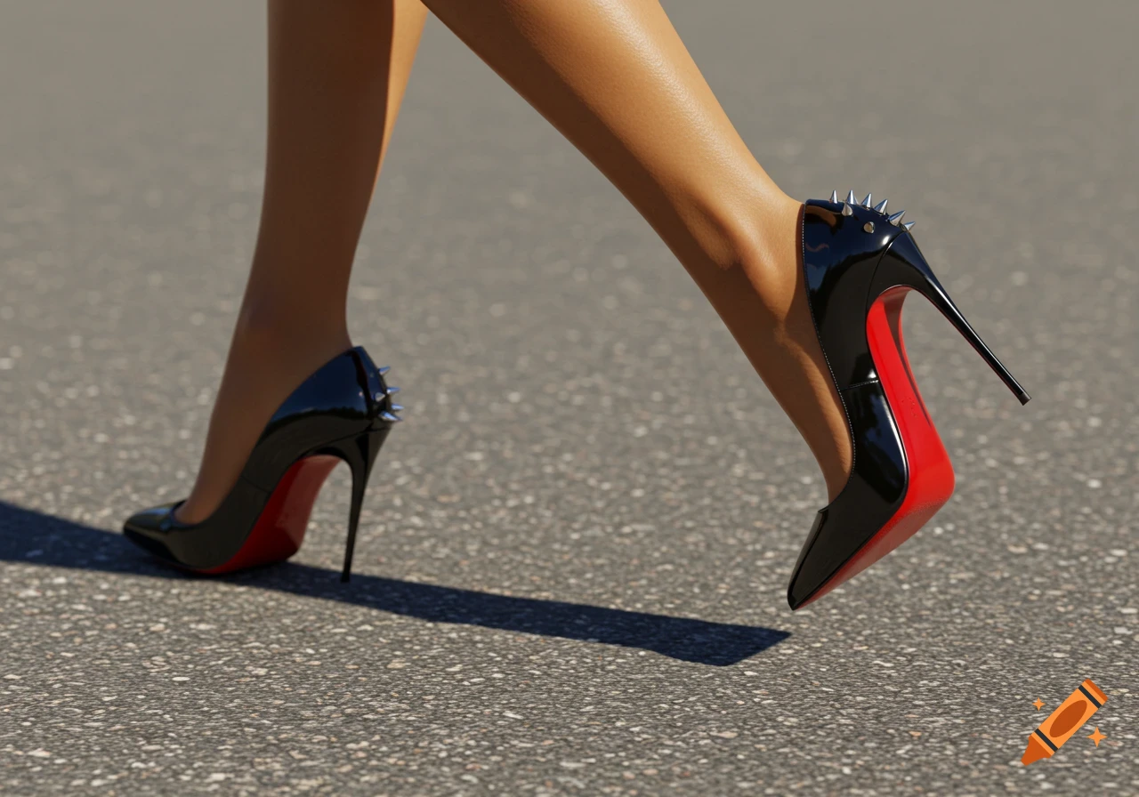 A close-up photorealistic shot of a woman's tanned legs in motion, wearing black patent leather high heels with red soles and silver spikes on the back.
