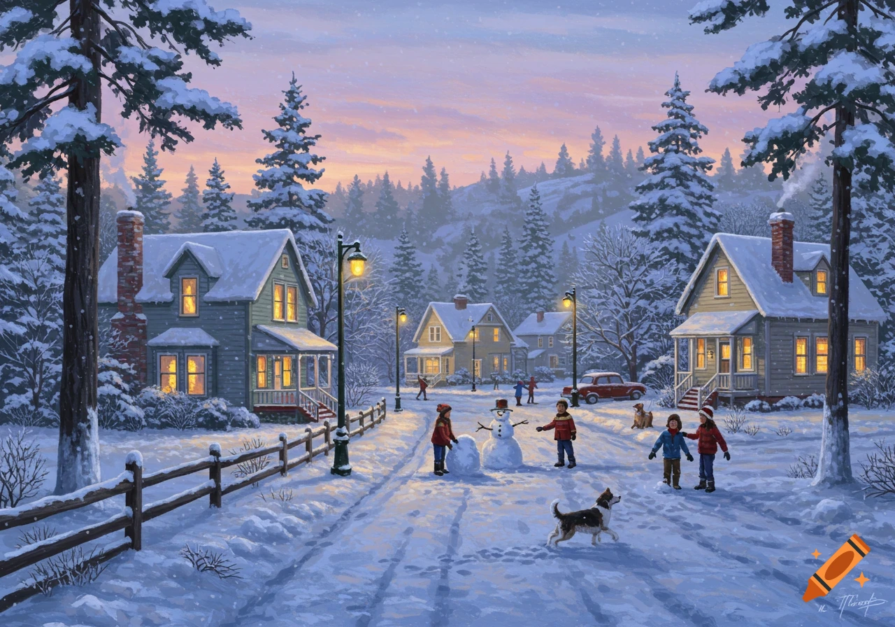 Painting of children and dogs playing in a snowy village street with houses and trees under a pastel sunset.