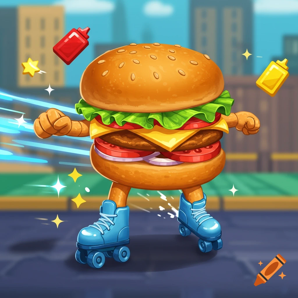 A vibrant cartoon hamburger character on blue roller skates, moving with arms out, in a city background.