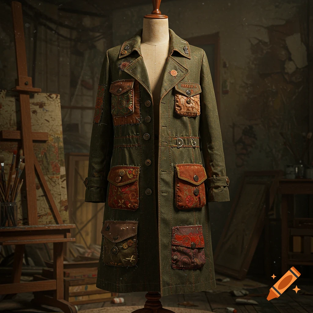 A detailed, olive green trench coat with numerous mismatched, patterned fabric pockets, displayed on a mannequin in a dimly lit artist's studio.