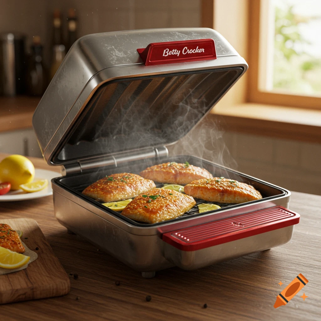 A Betty Crocker electric grill steaming with four pieces of cooked fish and lemon slices inside, on a wooden kitchen counter.