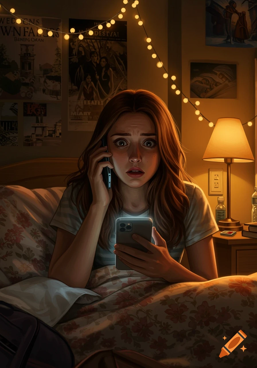 A scared young woman in bed holds two phones in a dimly lit room with string lights and posters on the wall.