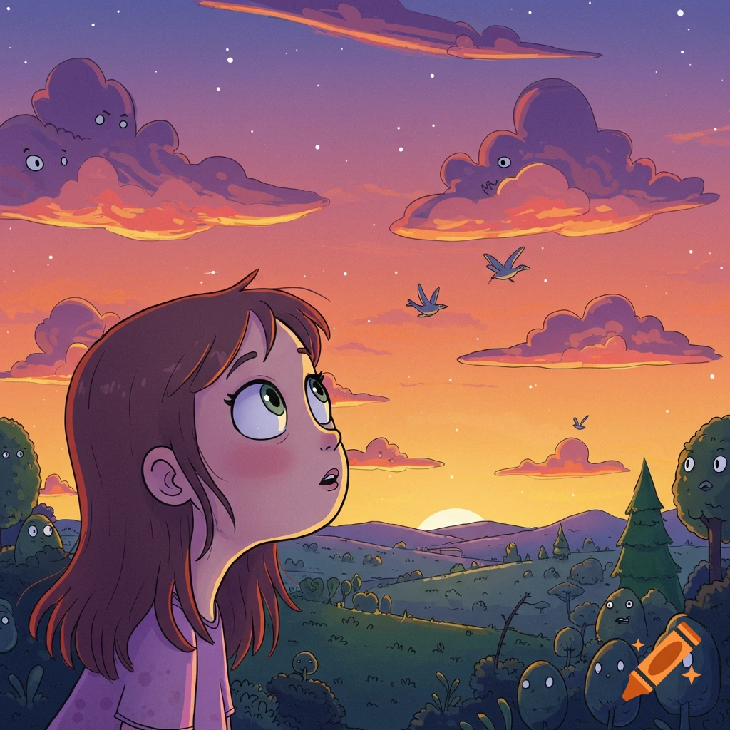 A cartoon girl looks up at a whimsical sunset sky with cloud creatures and birds over a rolling green landscape.