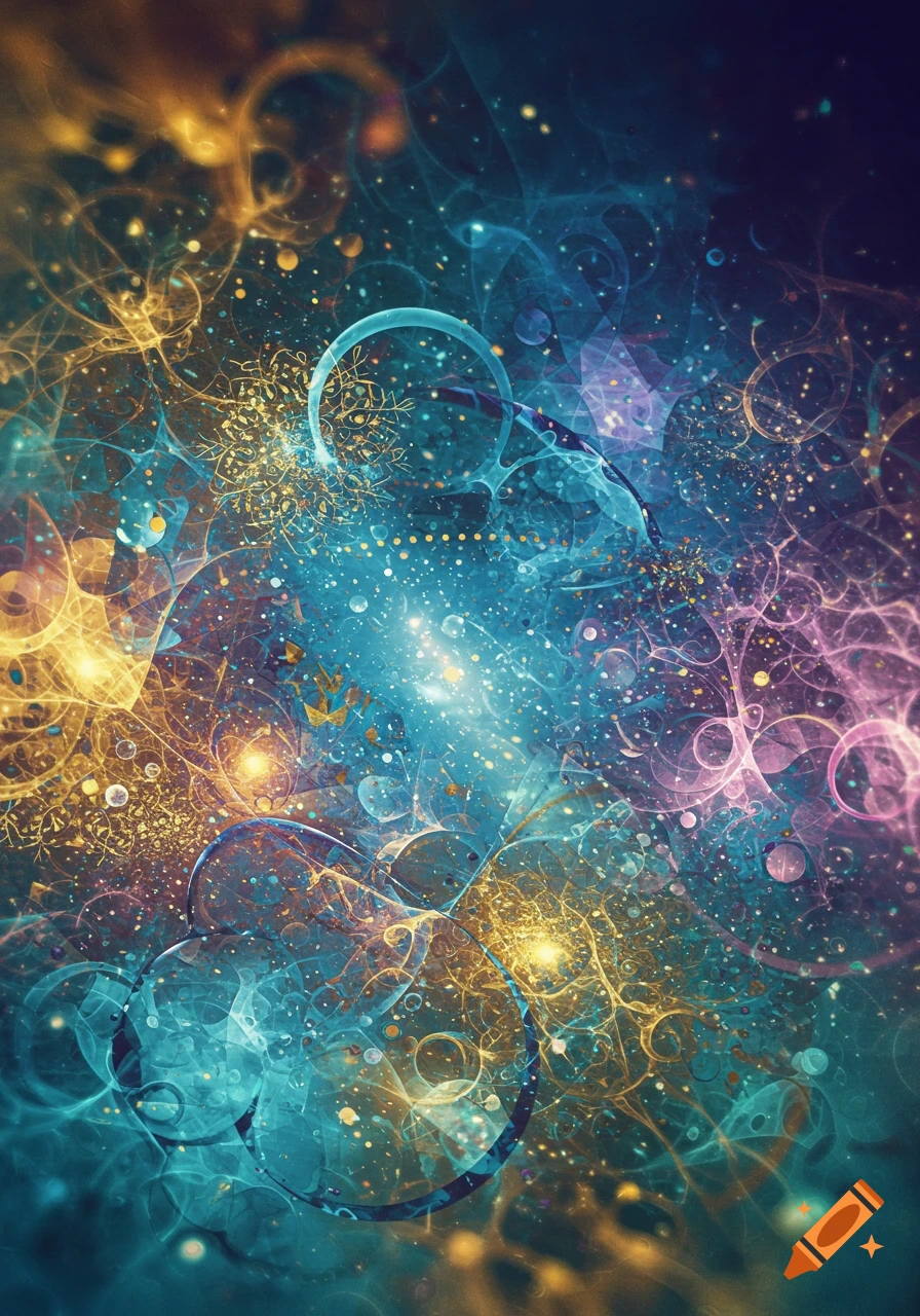 A vibrant abstract pattern with glowing blue, gold, and purple swirling lights, transparent circles, and sparkling dots.
