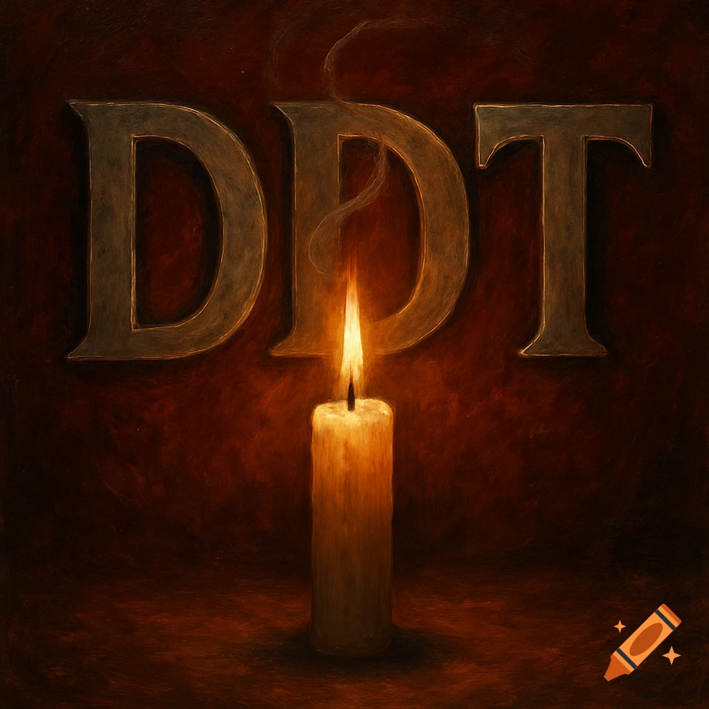 A dark, painterly image featuring a lit candle with the letters DDT above it, casting a warm glow.