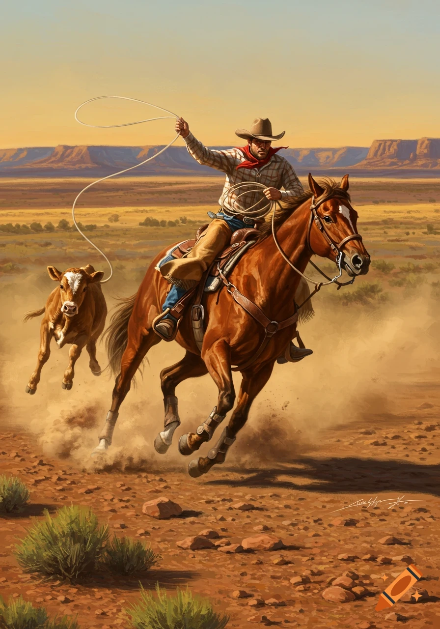 A cowboy on a brown horse gallops through a dusty western landscape, roping a running calf. Illustrated style.