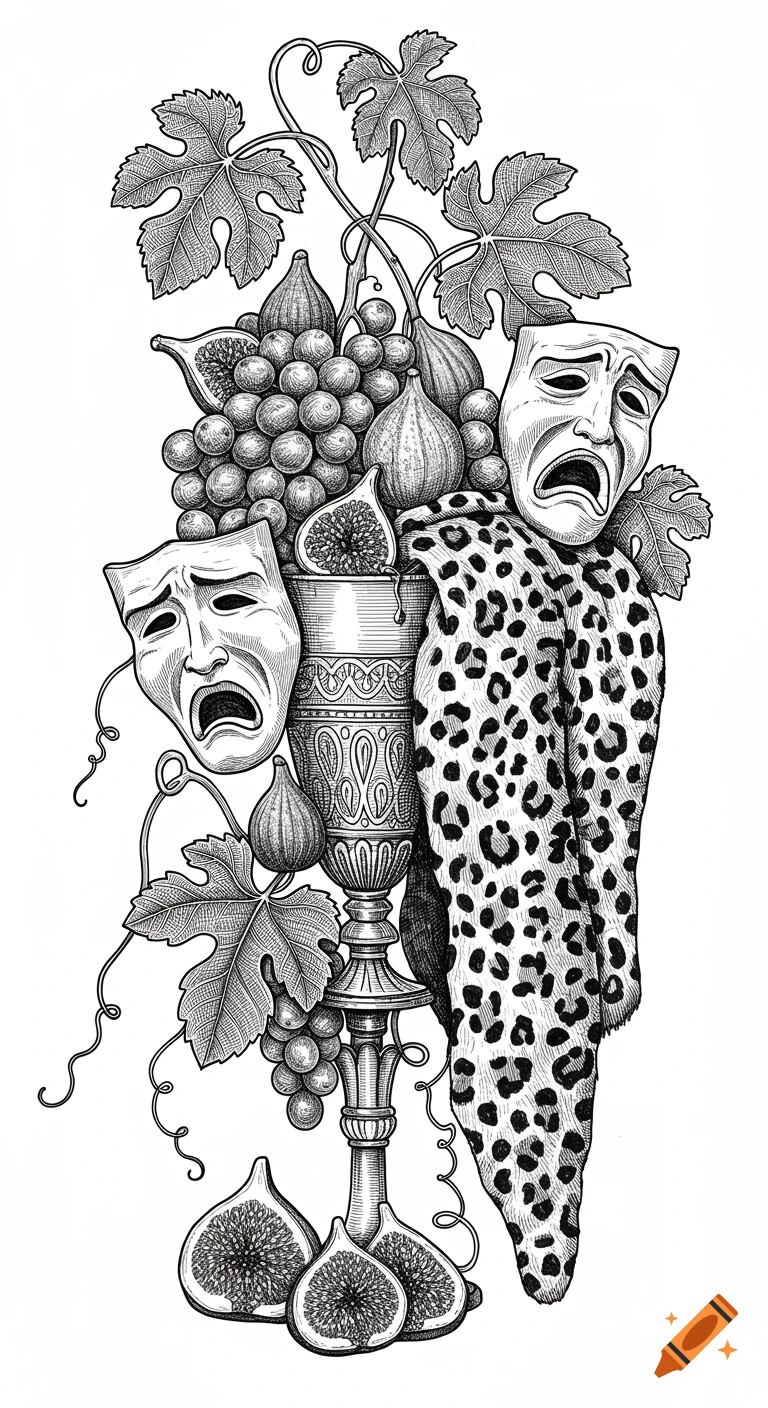 Black and white ink illustration of grapes, figs, theatre masks, and a leopard pelt entwined with a chalice and vines in an engraving style.