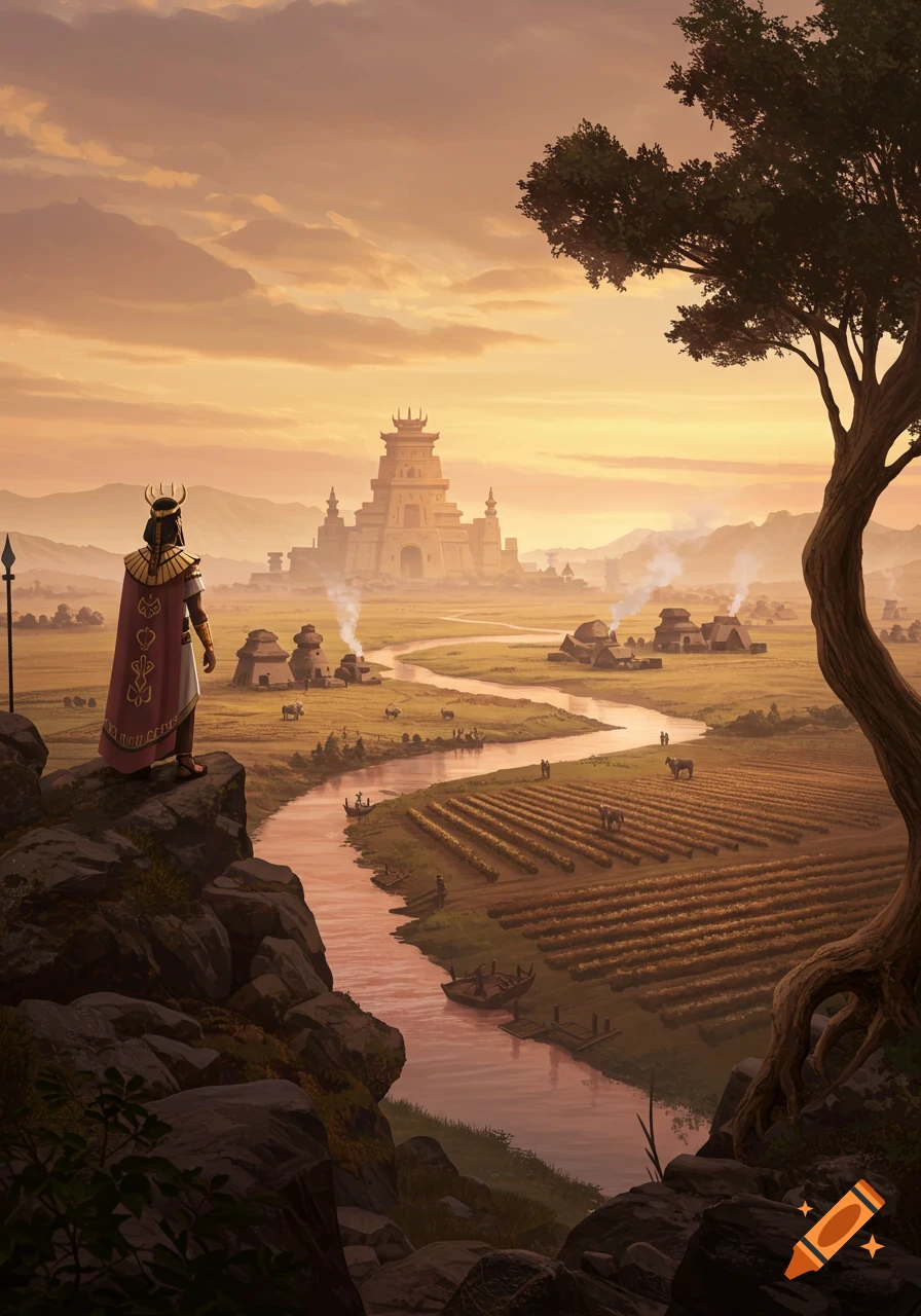 A robed figure stands on a cliff overlooking an ancient city, river, and cultivated fields at sunset in a digital painting.