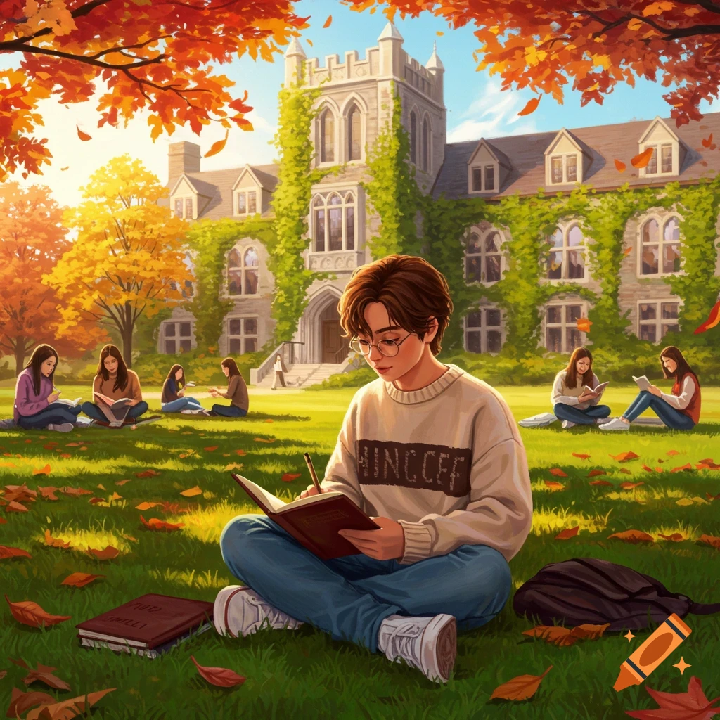 Anime-style illustration of college students studying outdoors on a grassy campus amidst vibrant autumn foliage.