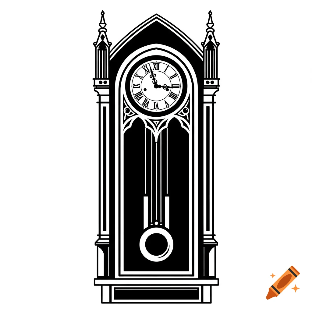 Black and white gothic grandfather clock illustration with Roman numerals and a pendulum.