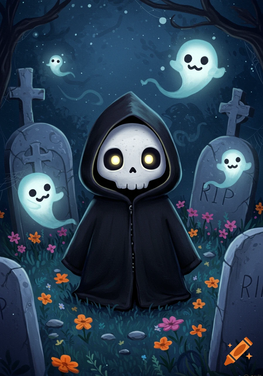 A cute, cartoon grim reaper with glowing eyes stands in a dark graveyard surrounded by friendly ghosts and colorful flowers at night.