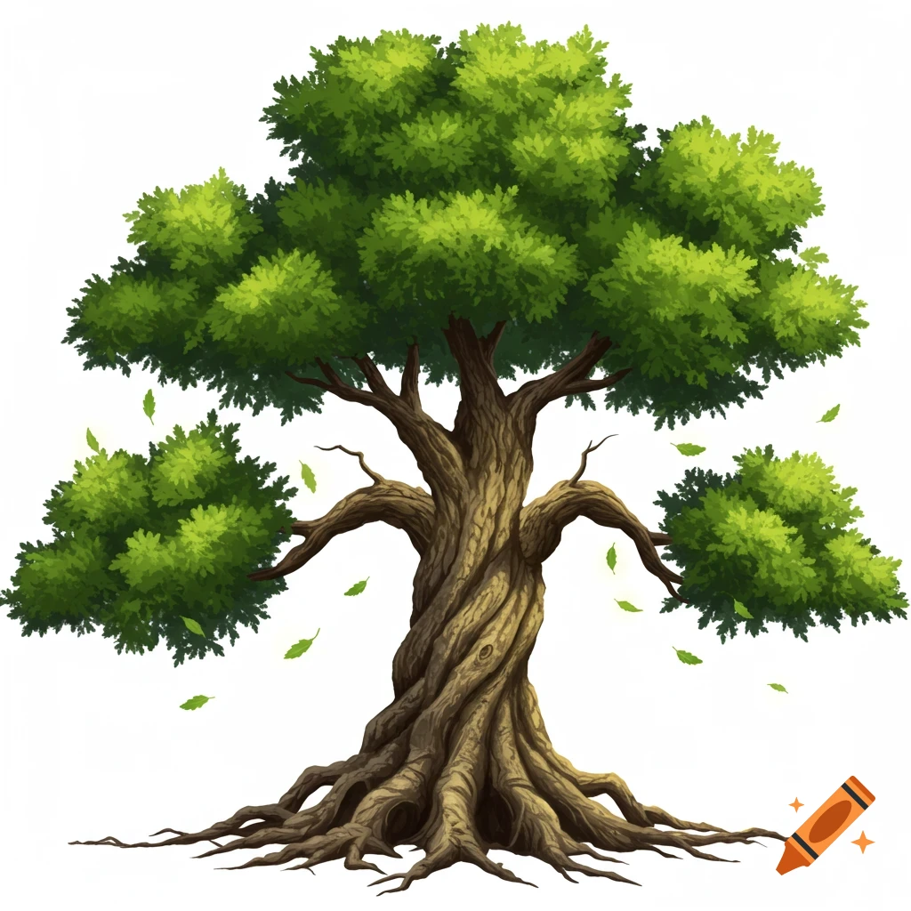 A stylized fantasy oak tree with a large green canopy and intricate, twisted roots, set against a white background.
