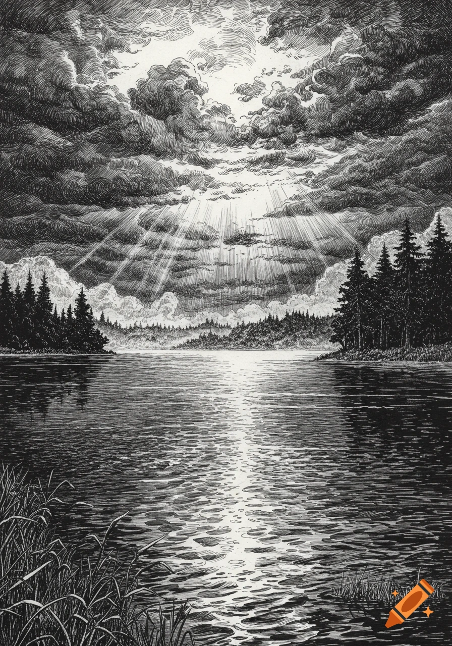 Pen and ink illustration of a moody lake landscape with dark clouds and sun rays breaking through, reflecting on the water.