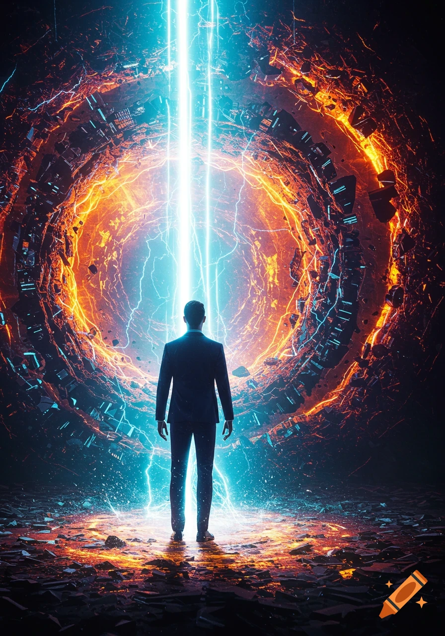 A man in a suit stands facing a chaotic, glowing orange and blue energy portal amidst a dark, stylized landscape.