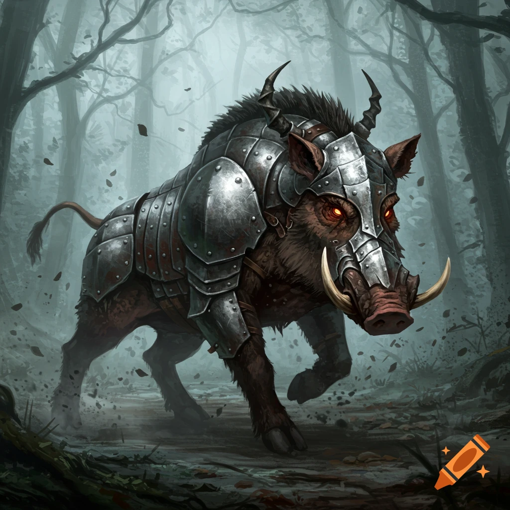 A fearsome armored boar with glowing red eyes charges through a misty forest, fantasy art style.