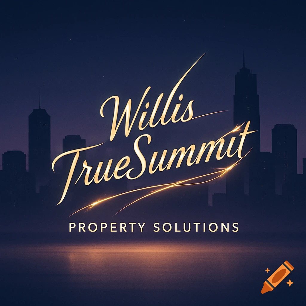 A stylized golden logo for Willis TrueSummit Property Solutions, set against a dark city skyline.