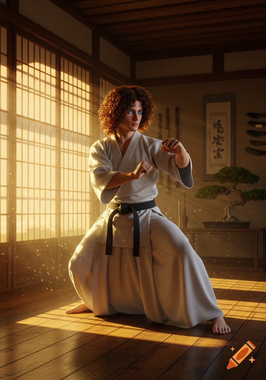 A person with curly brown hair and blue eyes in a white gi with a black belt, in a martial arts stance, inside a dojo with sunlight streaming through a shoji screen.