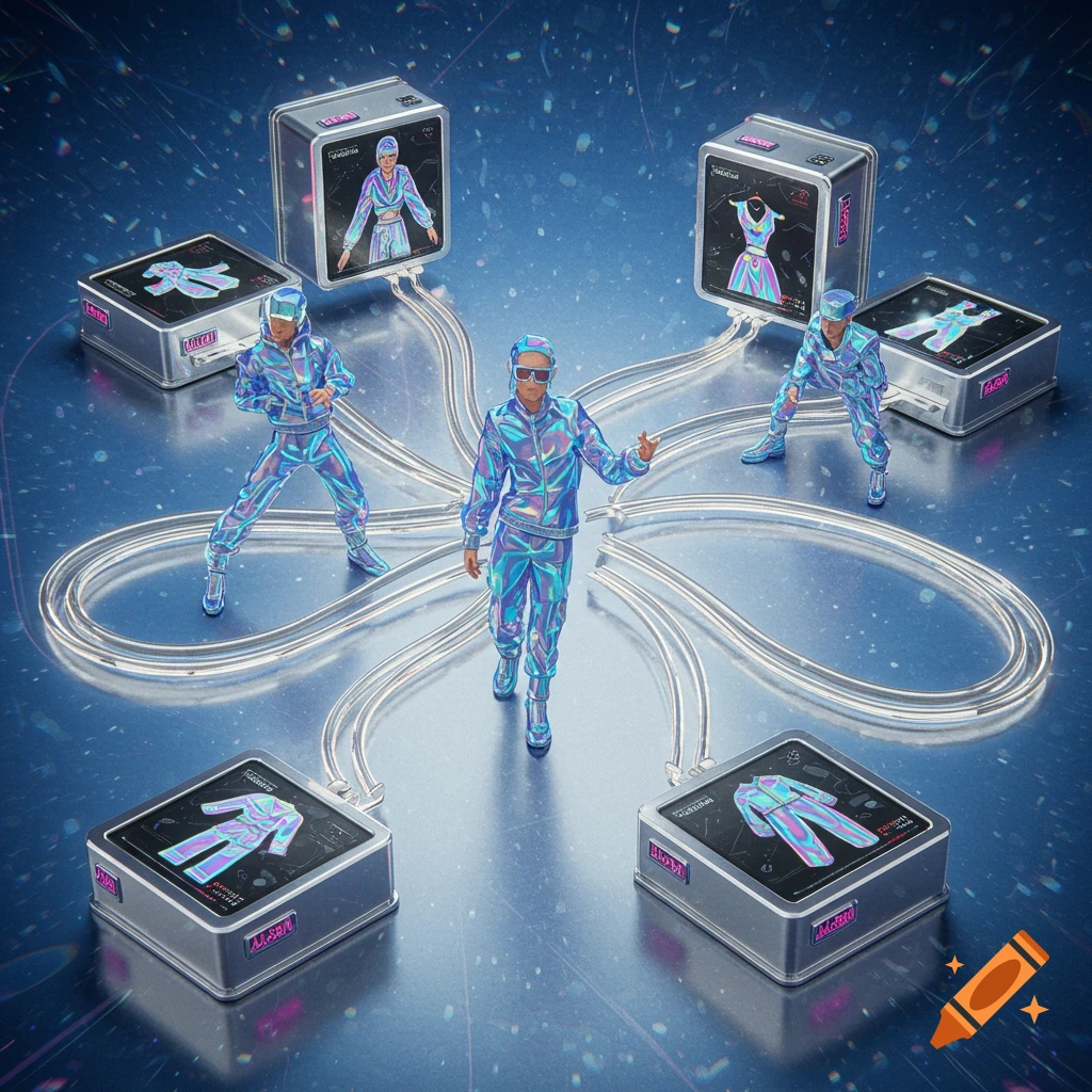 A futuristic 2000s Y2K-style clothing catalog with three characters in iridescent outfits connected by tubes to chrome boxes displaying clothing items.
