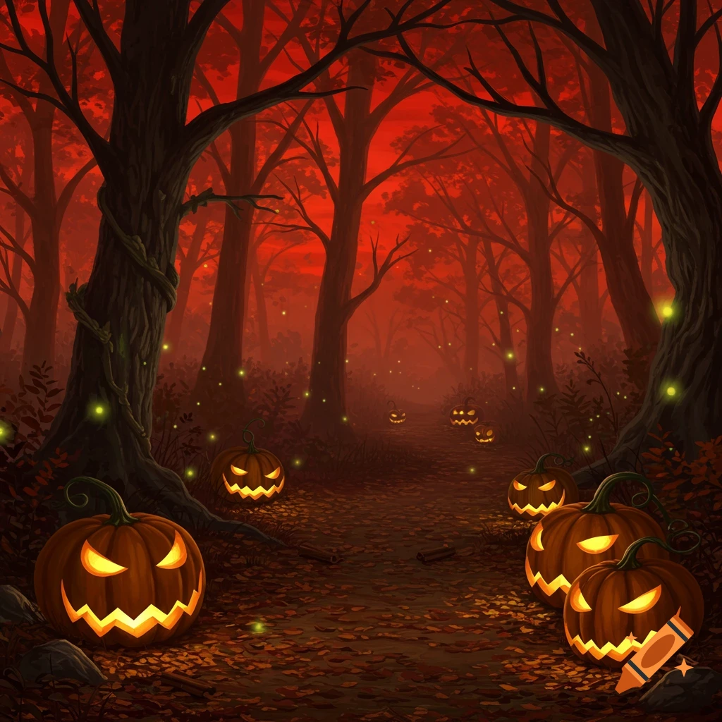 Digital painting of a spooky forest path illuminated by glowing Jack-o'-lanterns under a dark red sky.