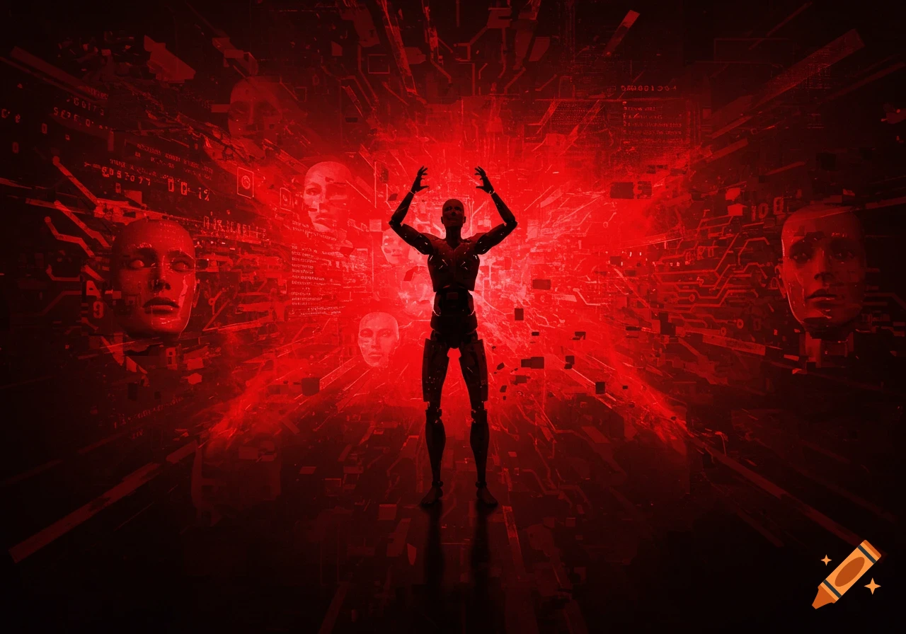 A black humanoid robot figure stands with arms raised against a vibrant red, abstract, and glitchy background featuring circuit patterns and distorted human faces, in a sci-fi digital art style.