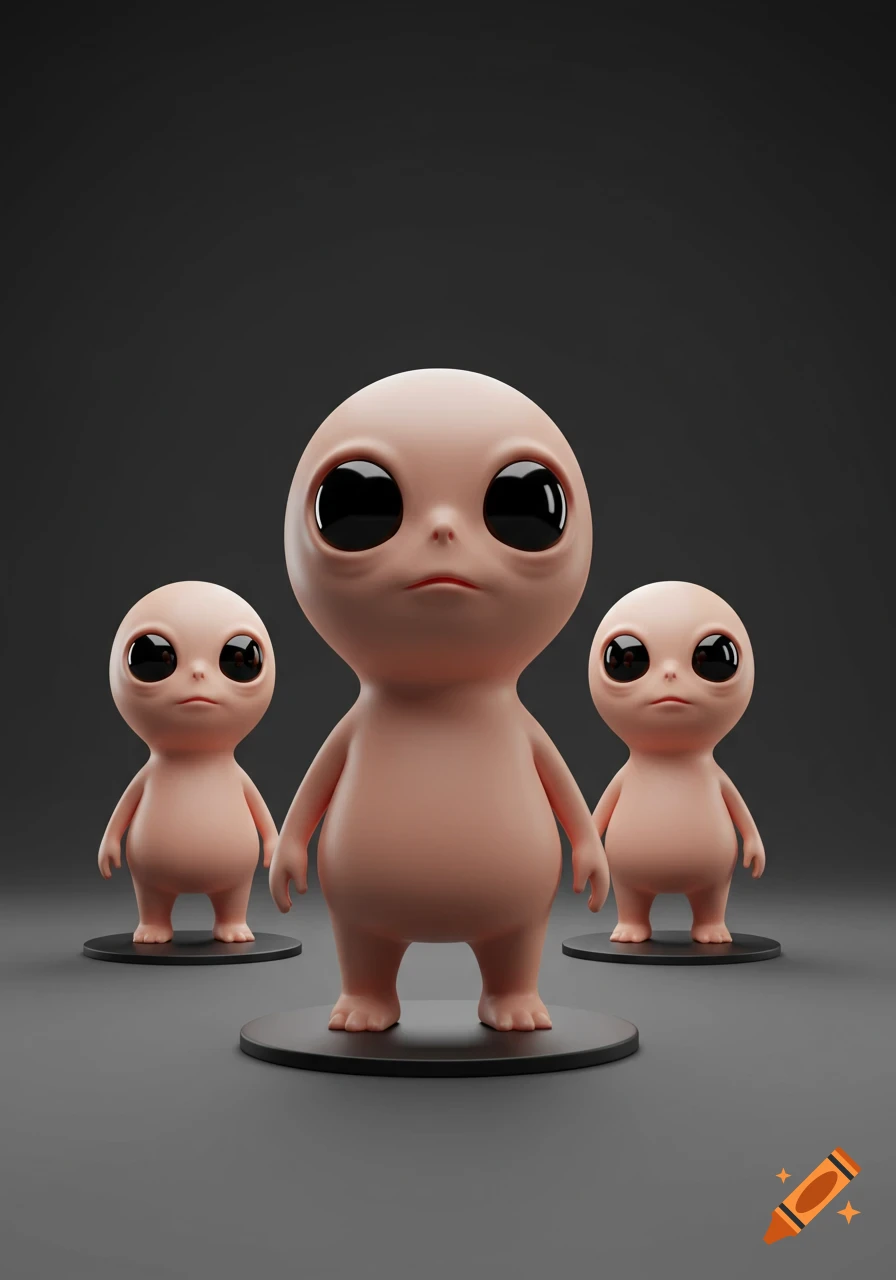 Three cute, light-skinned 3D rendered aliens with large black eyes stand on circular bases against a dark background.