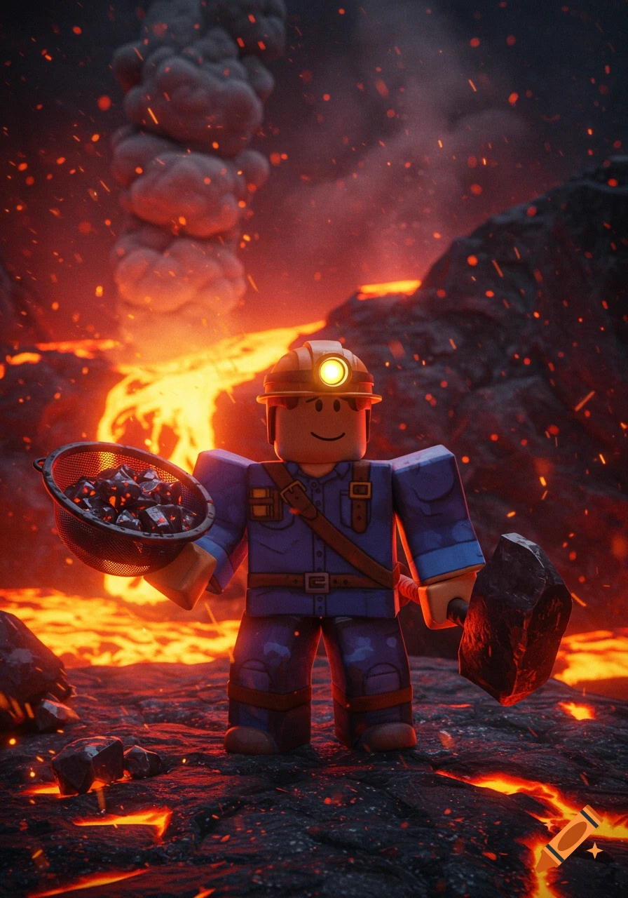 A Roblox character miner stands in a volcanic landscape, holding a sifting pan with glowing rocks and a pickaxe.