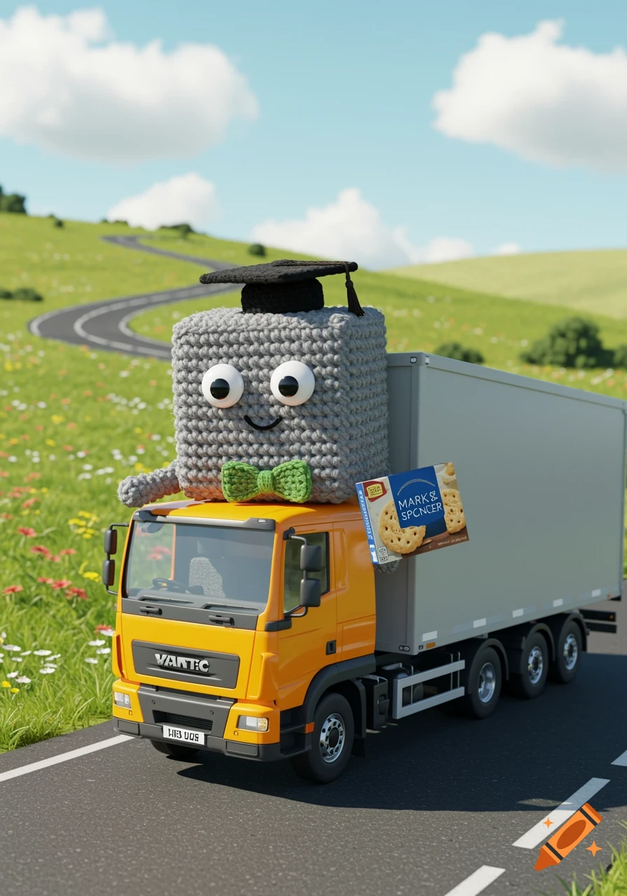 A cheerful, crocheted grey box character wearing a graduation cap and green bowtie drives an orange truck on a winding road, holding a box of biscuits.