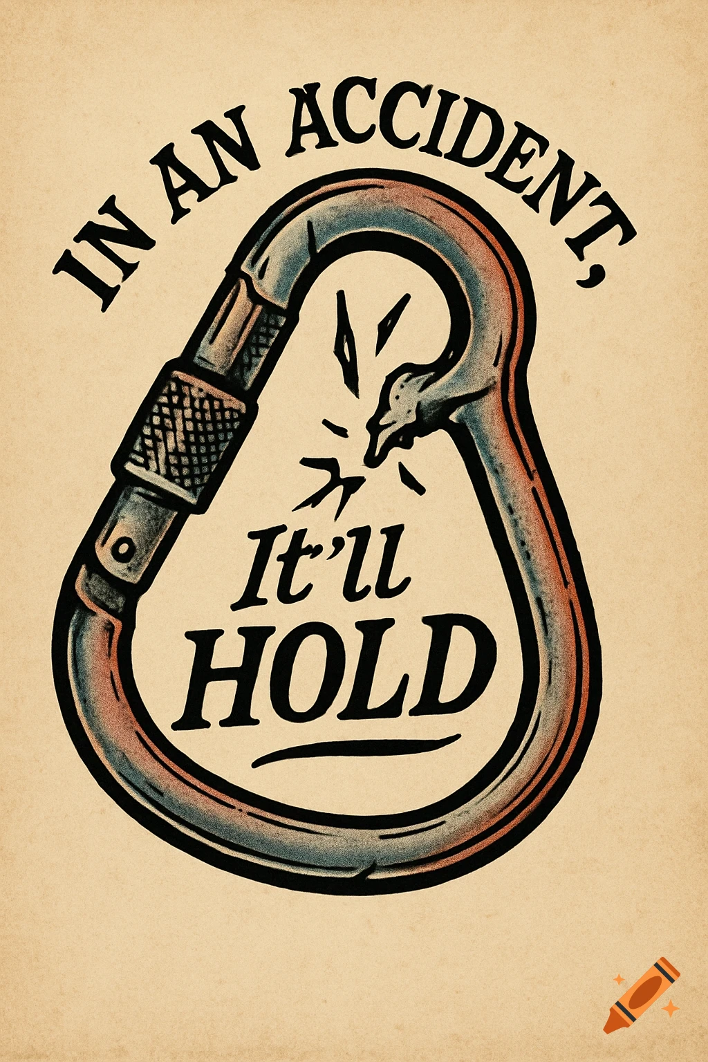 Tattoo-style illustration of a broken carabiner with the text 'In an Accident, It'll HOLD' on a vintage paper background.