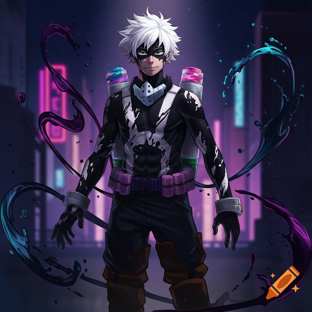 An anime-style superhero with white spiky hair, a black mask, and a black and white ink-splattered jumpsuit, standing against a neon city background with swirling purple and blue ink trails.