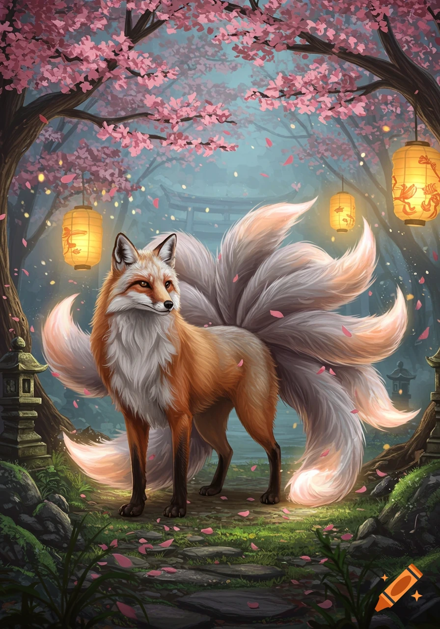 A majestic nine-tailed fox stands in a mystical forest with glowing lanterns and pink cherry blossoms, fantasy art style.