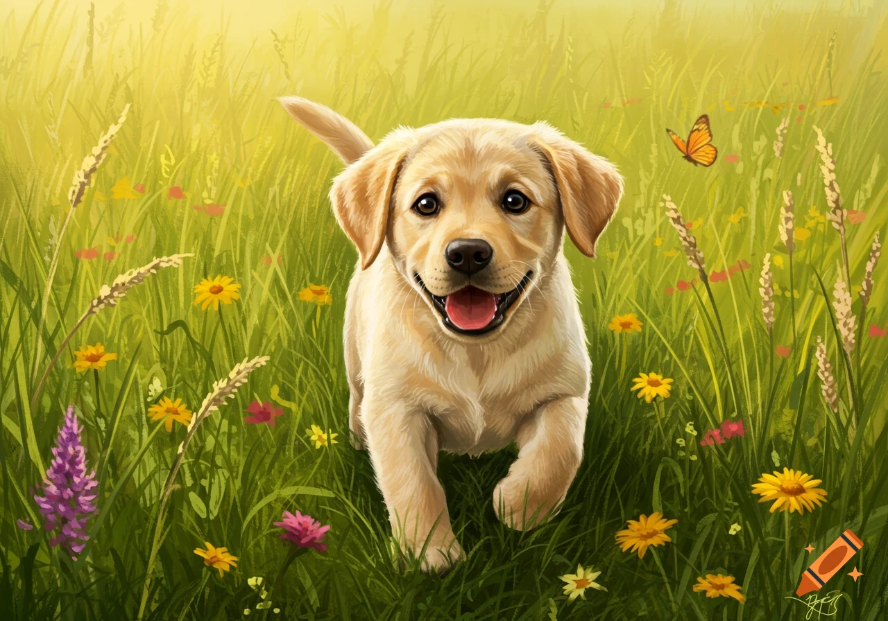 A happy golden lab puppy runs through a sunny field of green grass and wildflowers with a butterfly.