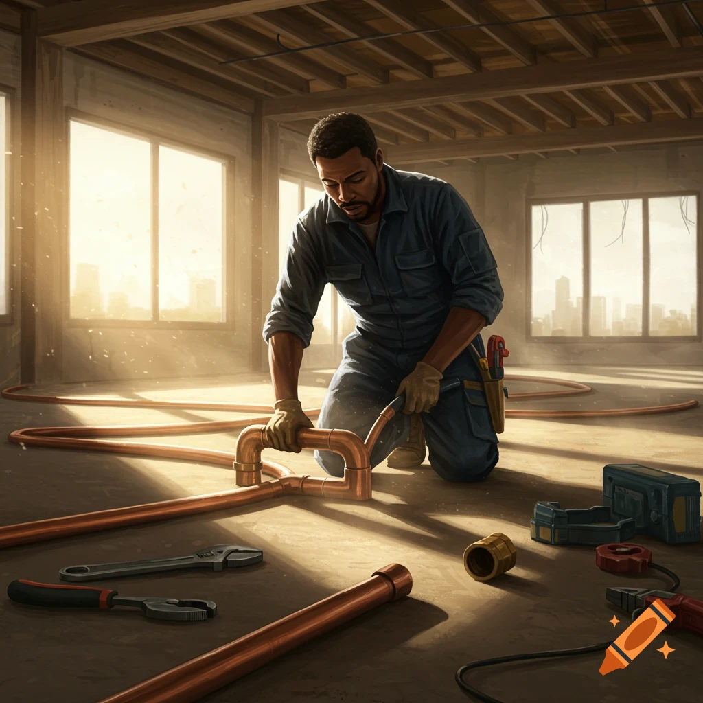 A male plumber in a blue jumpsuit and gloves kneels on the floor, connecting copper pipes in a bright room with large windows, tools scattered around.