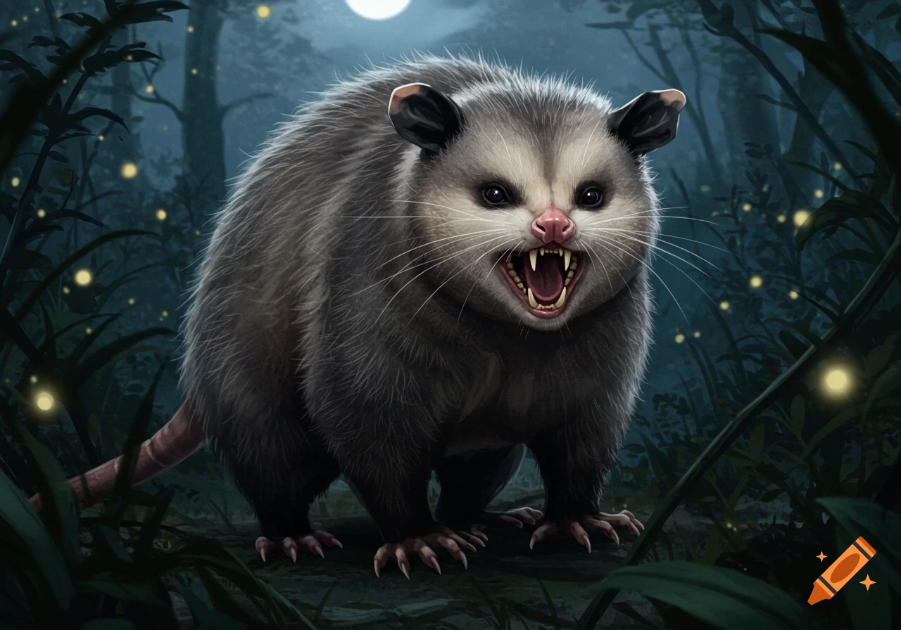 A snarling possum with bared teeth in a dark, moonlit forest with glowing fireflies.