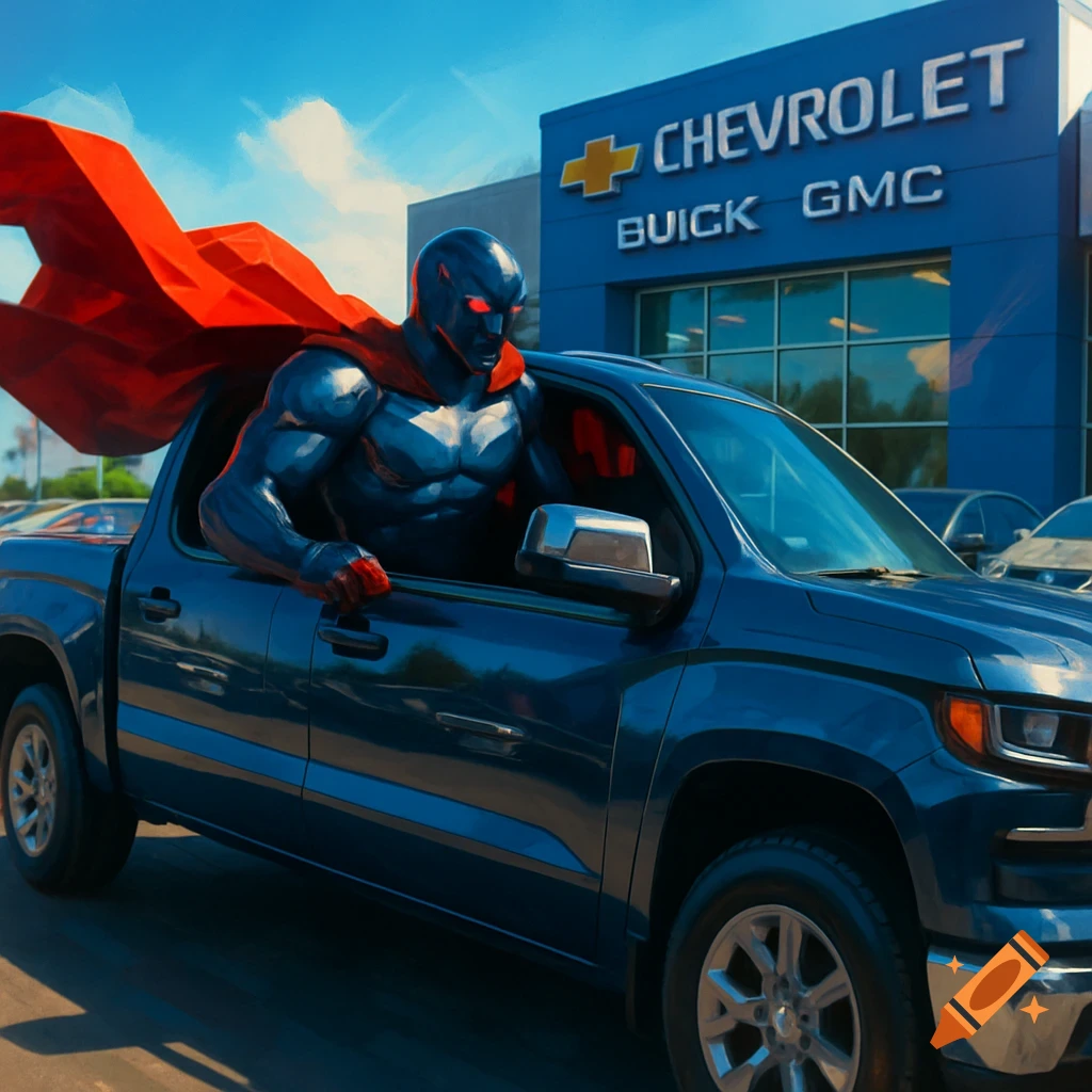 A blue-skinned superhero with a red cape drives a dark blue Chevrolet pickup truck past a Chevrolet Buick GMC dealership.