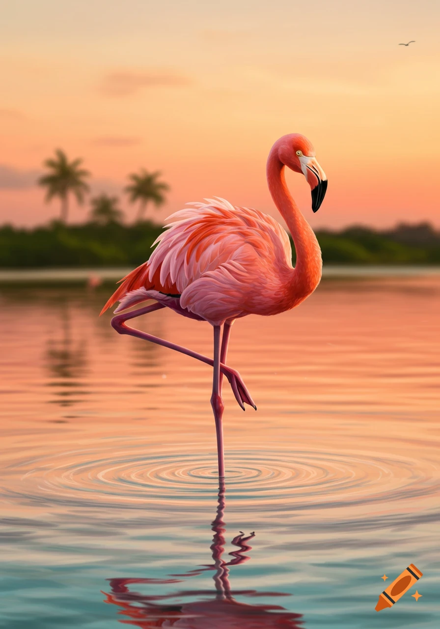 A pink flamingo stands on one leg in calm water with ripples, silhouetted palm trees, and a vibrant sunset sky.