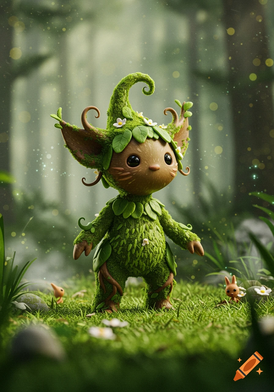 A cute, green, mossy forest sprite with large eyes and a leaf-adorned hat stands in a lush 3D rendered forest with soft lighting.