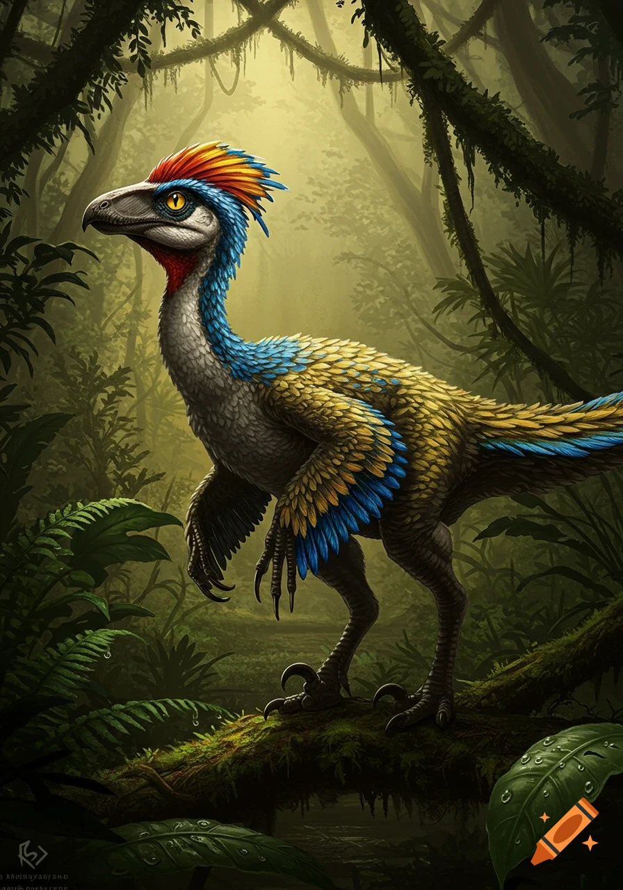 A vibrant, feathered dinosaur-like creature with blue, yellow, and red plumage stands on a mossy log in a lush, misty jungle, illustrative style.
