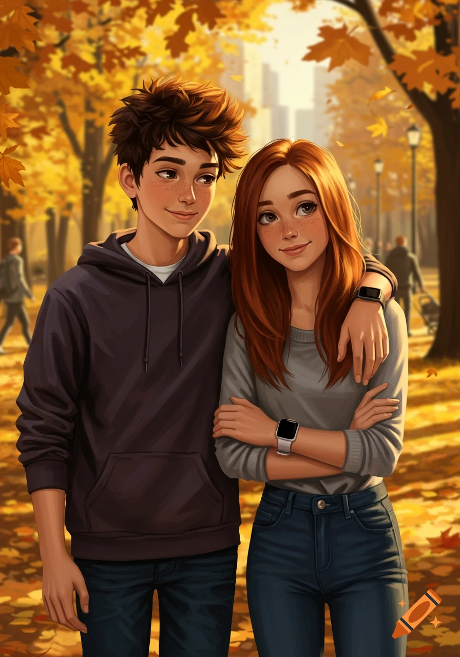 An anime illustration of a teenage boy and girl in an autumn park, the boy with his arm around the girl.