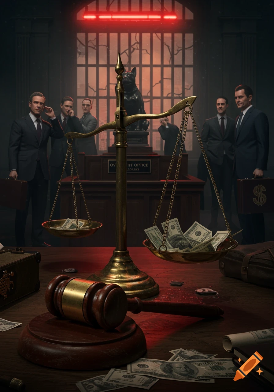 Photorealistic image of a courtroom scene with scales of justice weighed down by cash, a gavel, and suited men in a dark, moody setting.