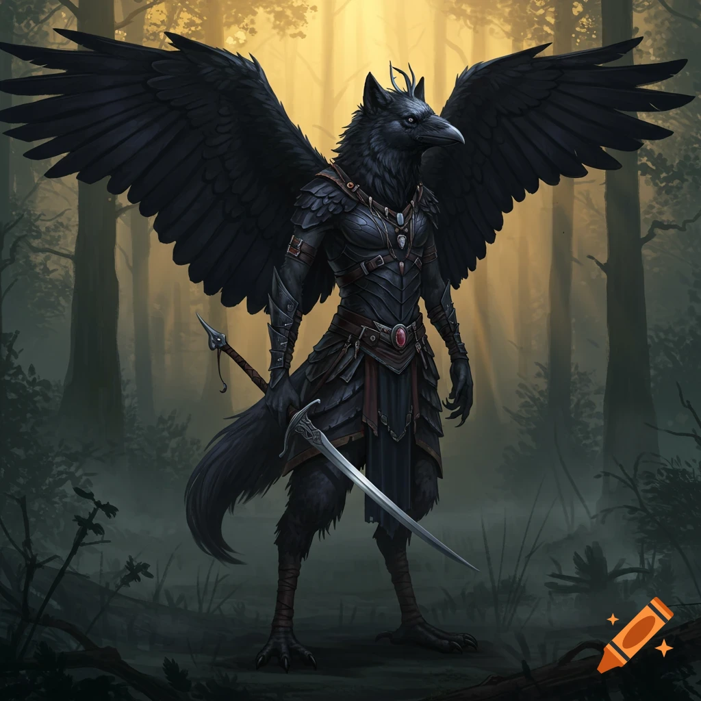 A humanoid wolf-raven creature in dark armor holding a sword stands in a mystical forest.