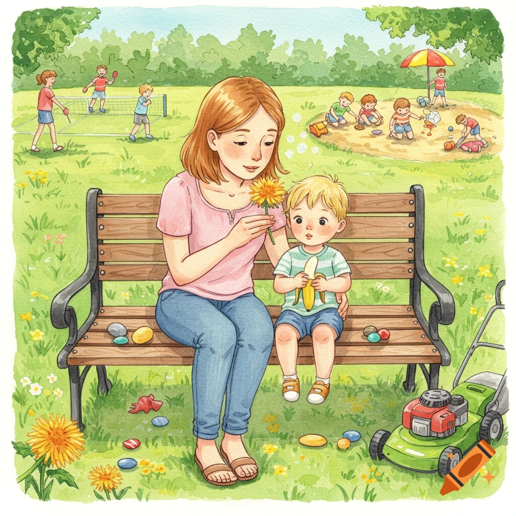 A tender watercolor illustration of a mother and her toddler son sitting on a park bench, holding a flower and a banana, with children playing in the background.