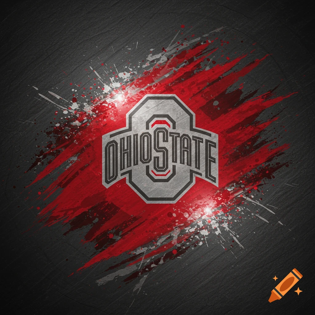 A stylized Ohio State logo, gray with black outline, over a distressed red and white paint splatter on a dark, textured background.