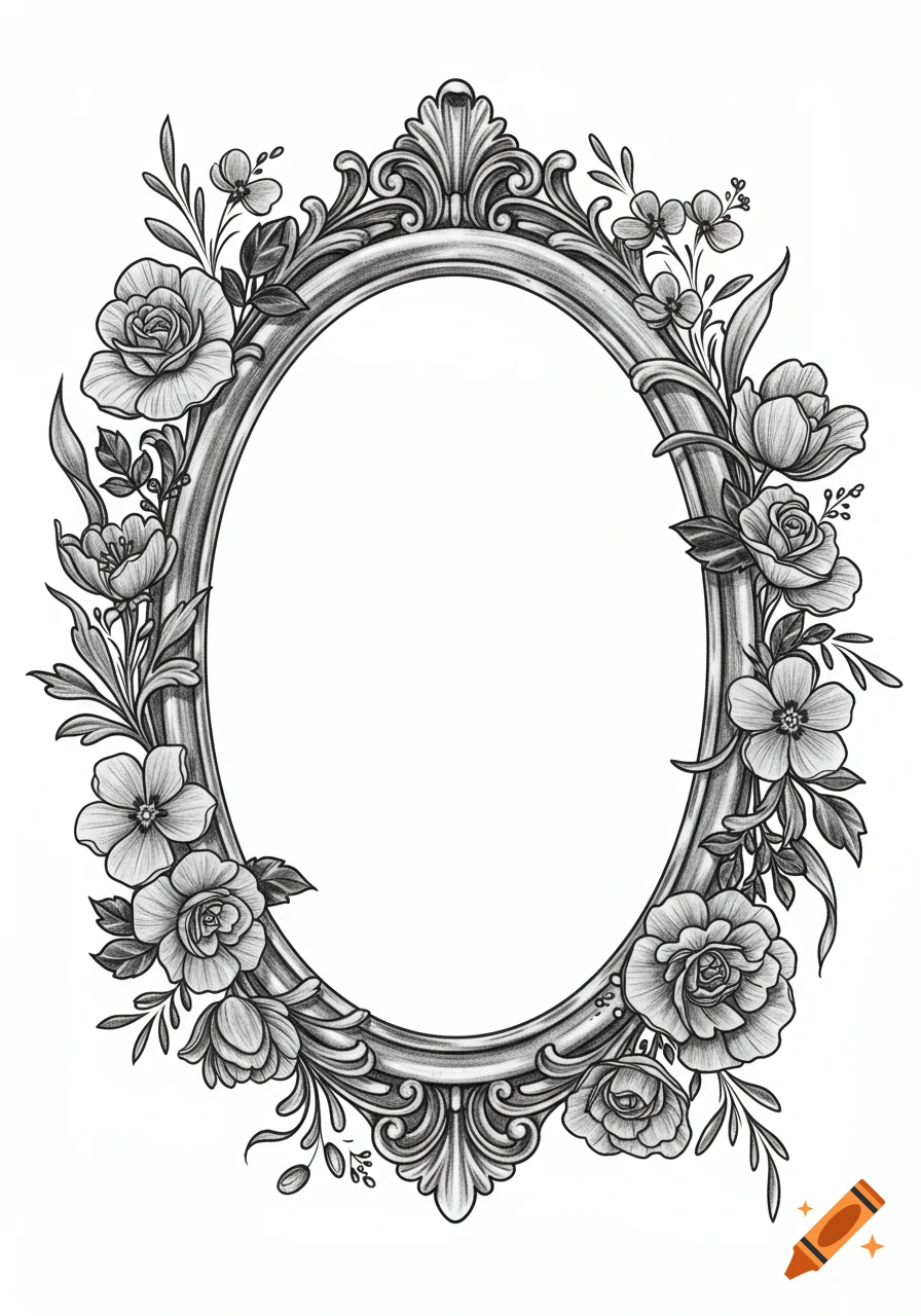 Black and grey sketch of an ornate oval frame surrounded by roses, tulips, and wildflowers.