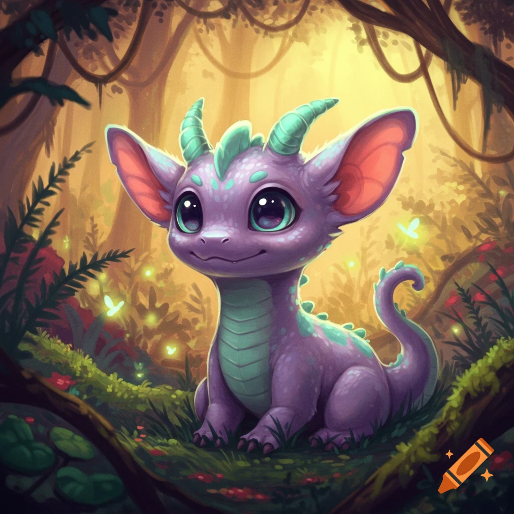A cute, purple cartoon creature with big eyes and small horns sits in a bright, lush fantasy forest.