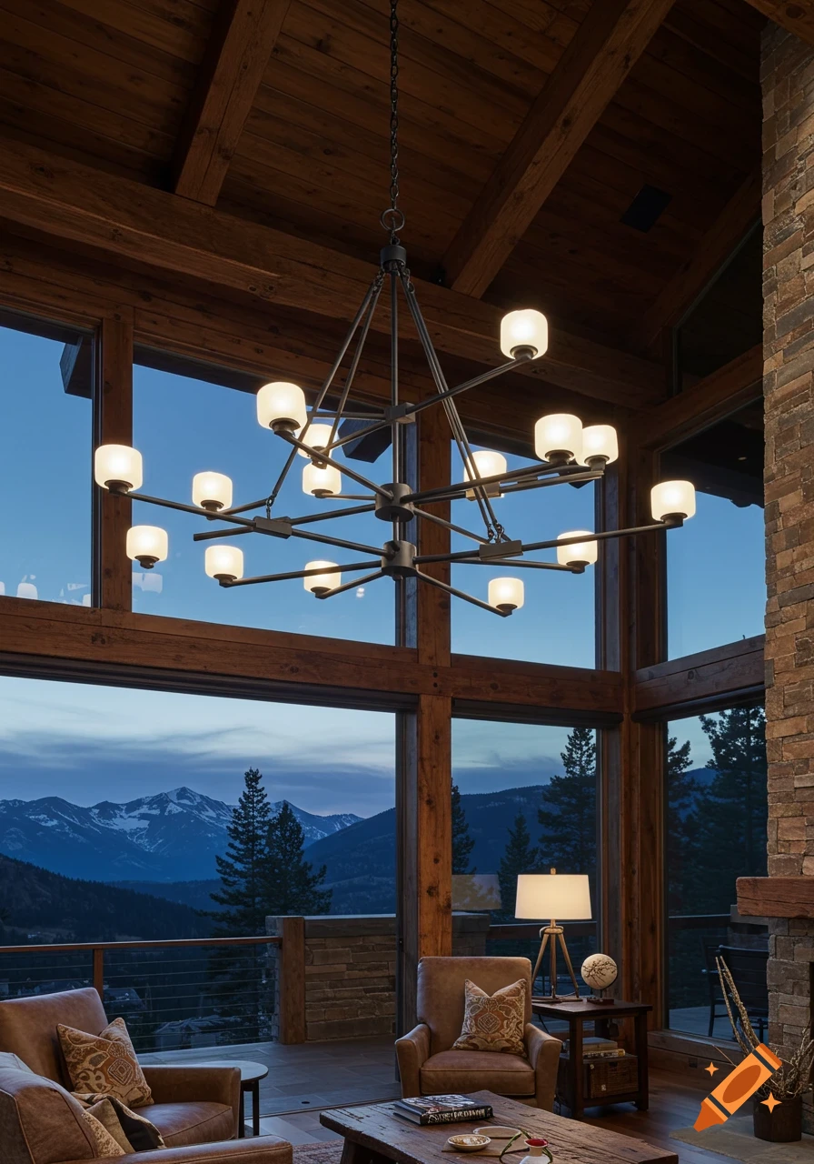 Photorealistic view of a spacious mountain modern living room with a large chandelier, leather armchairs, and a mountain landscape visible through floor-to-ceiling windows.