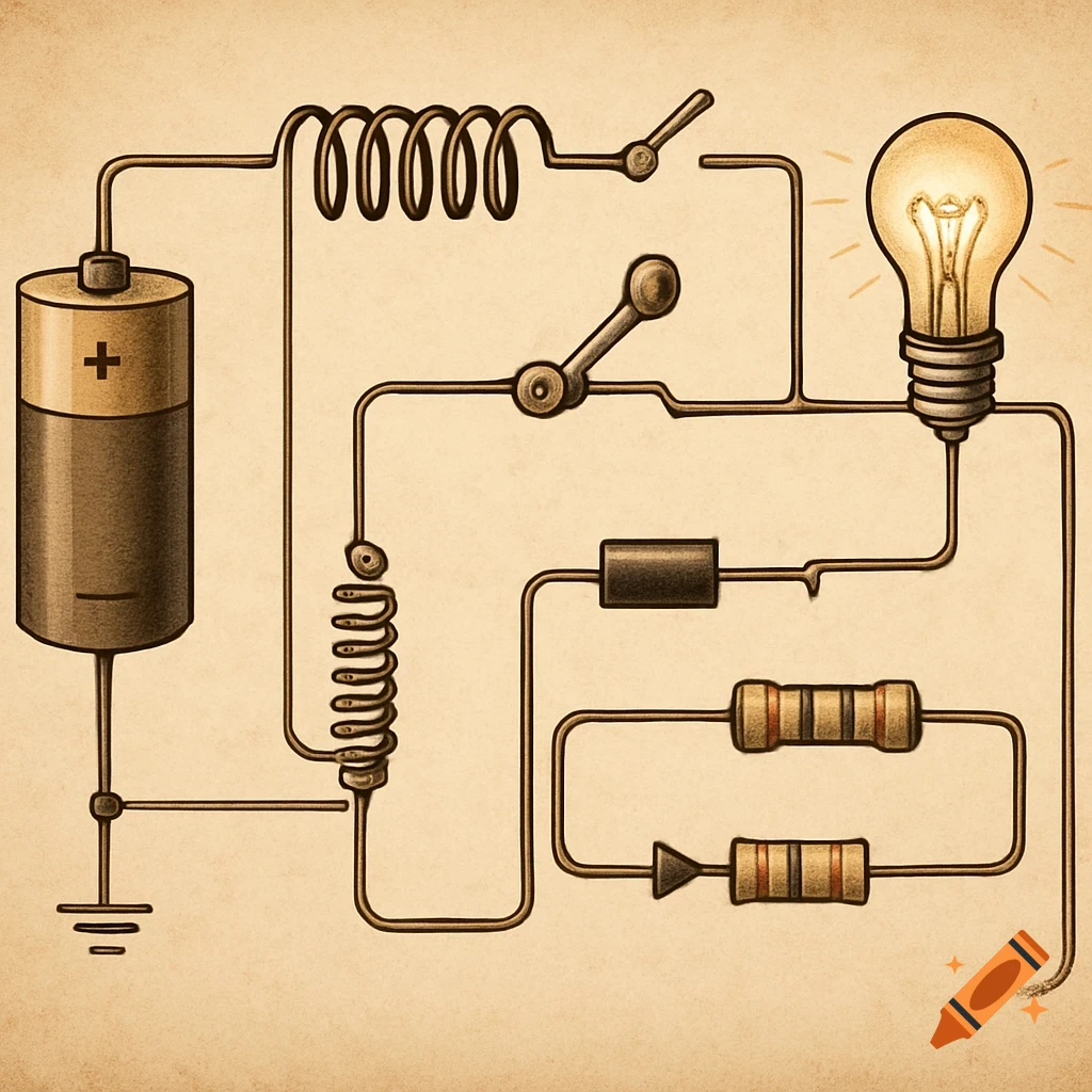 An illustrated electrical circuit diagram with a battery, lightbulb, resistors, switches, and inductor coils on a parchment-like background.