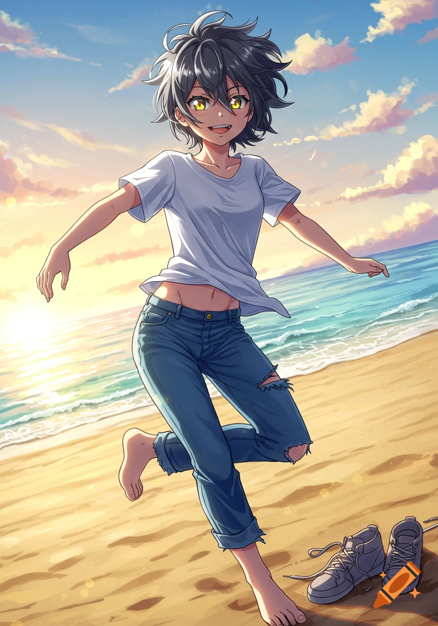 Anime tomboy character with short dark hair and yellow eyes runs barefoot on a sandy beach at sunset.